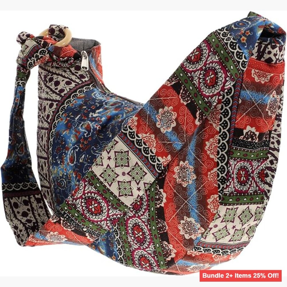 Large Bohemian Floral Crossbody Messenger Bag with Zippered Compartments